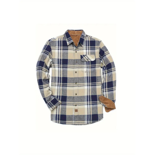 Men's Casual Plaid Flannel Shirt with Corduroy Cuffs 